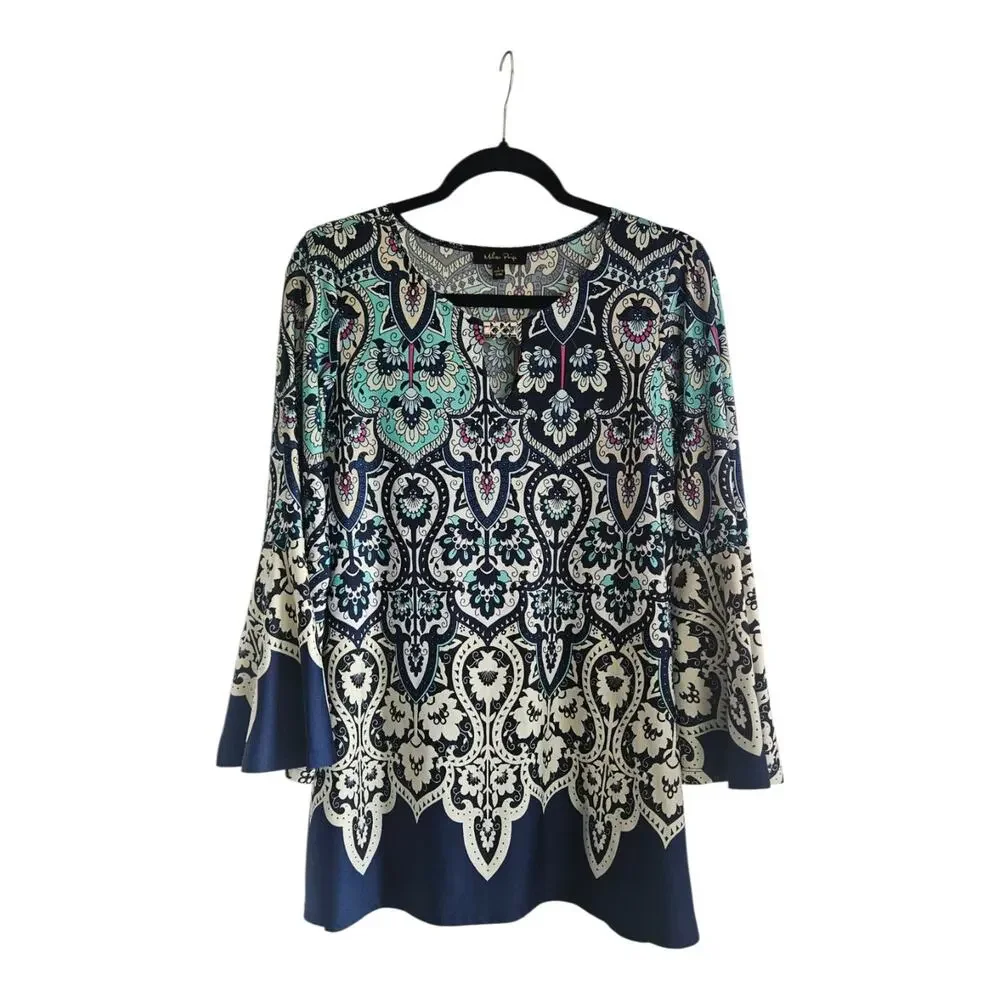 Melissa Paige Womens LG Tunic Top Blouse L/S Keyhole Neck Floral Bell Sleeves